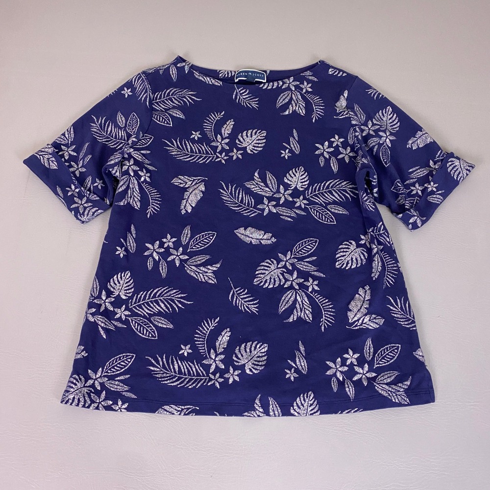 Karen Scott‎ Women Top 1X Navy Blue Tropical Palm Leaf Silver Metallic Boat Neck